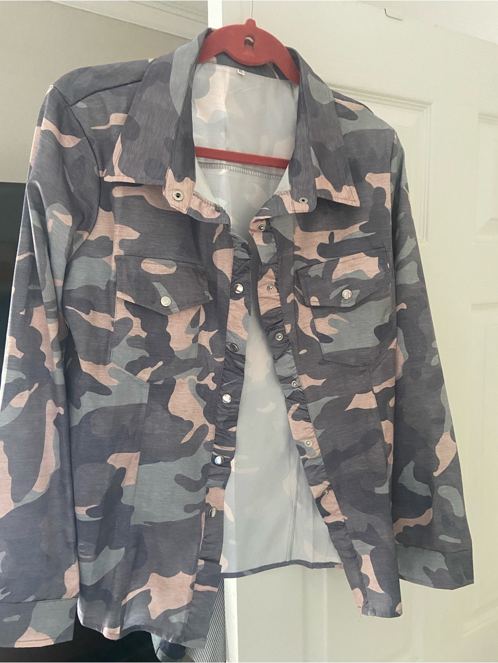 Camouflage Button-Up Shirt Jacket in Gray & Blush